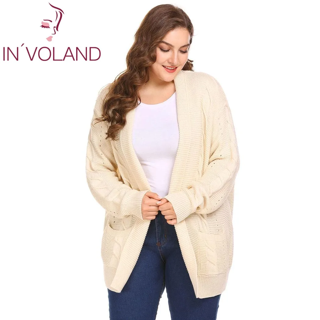 IN'VOLAND, женский кардиган, топы размера плюс XL-5XL, весна-осень, свободный, Открытый спереди, Повседневный, вязаный свитер большого размера плюс - Цвет: Beige