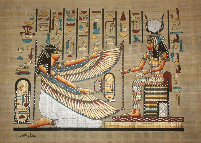 Wall Art Decor Egyptian Papyrus "Goddess Maat and Isis" Hand Painted on