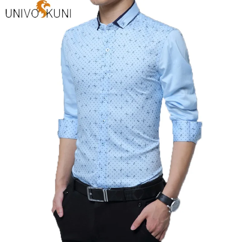 

UNIVOS KUNI 2018 New Fashion Casual Men Shirts Long Sleeve Fit Slim England Style Pus Size S-5XL Print Camisa Masulina Q5177