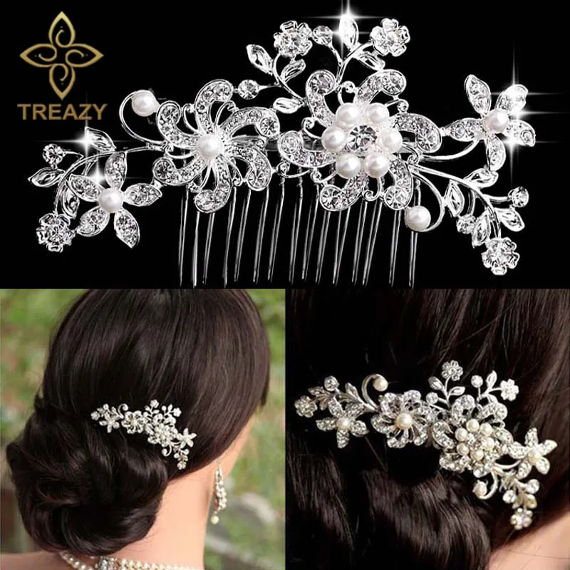 Women Bridal Wedding Flower Butterfly Crystal Rhinestones Pearls Hair Clip Comb