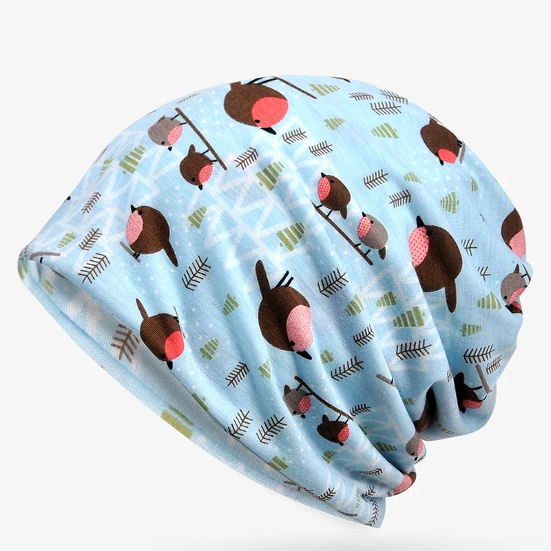 

New Female Skullies Beanies Turban Hats Cute Birds Printing Cap Casual Outdoor Hat Women Scarf Headwear Fashion Girl Cap