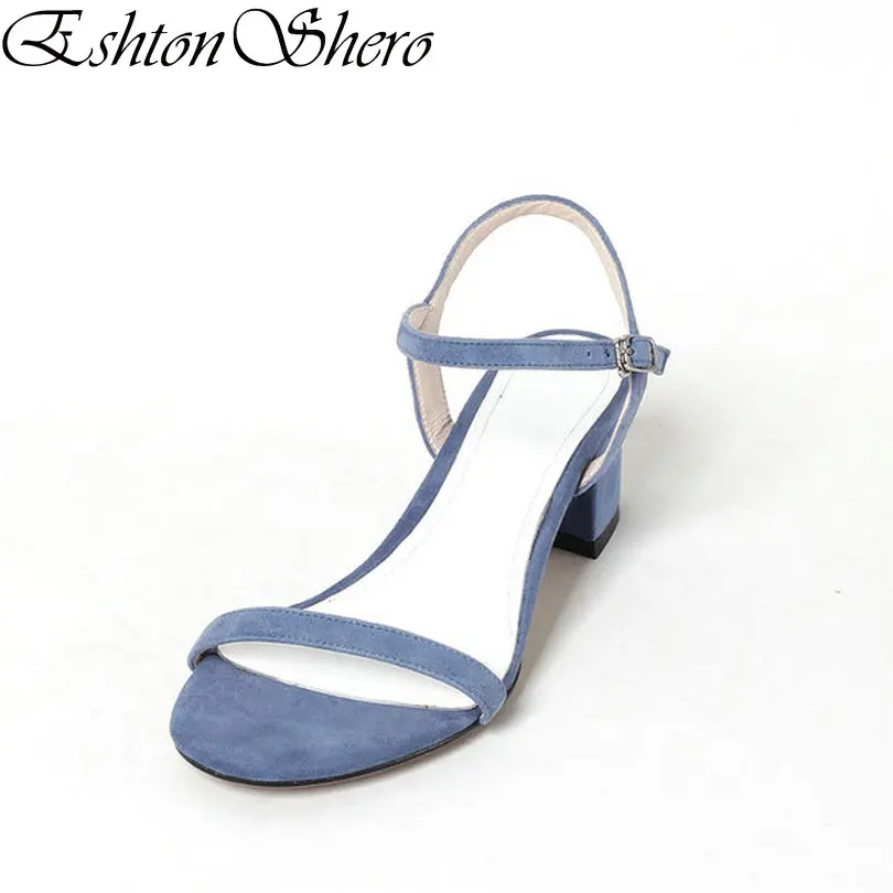

EshtonShero Summer Shoe Woman Sandals Kid Suede+PU Square Med Heel Ankle Strap Pointed Toe Ladies Wedding Beach Shoes Size 34-39