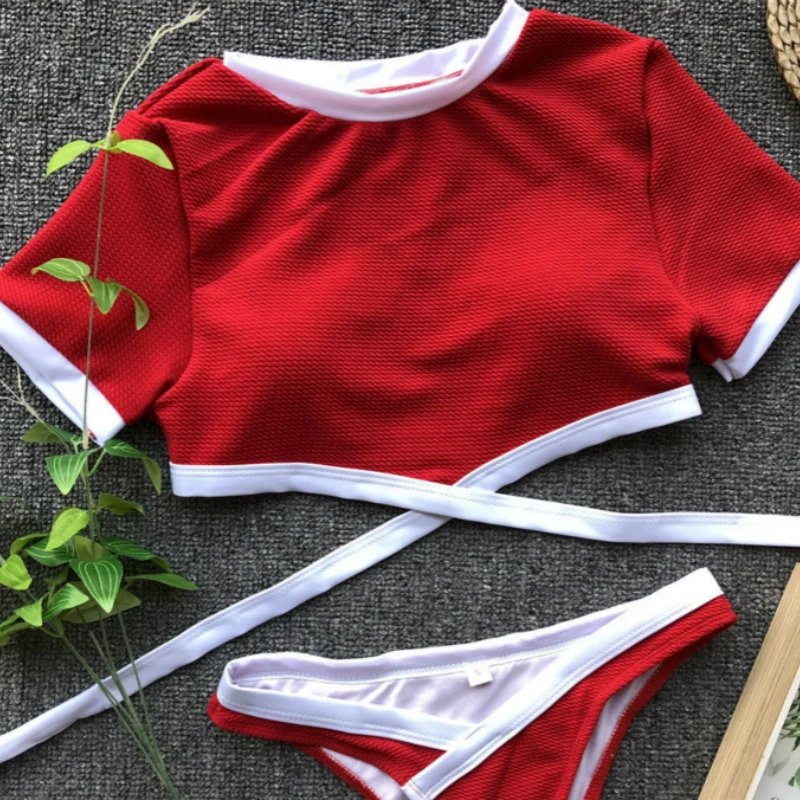 Spring Summer 2019 Bikinis Mujer Short Sleeve Cheerleading Swimsuit May Teenage Girl Swimwear Female Badpak Beach Swimming Suit