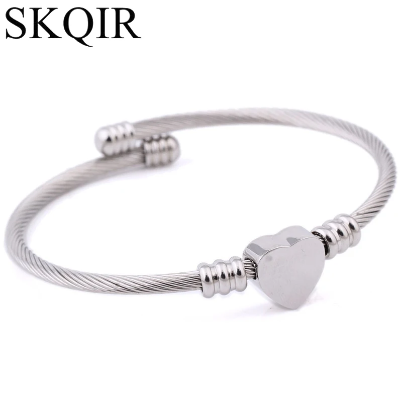 

SKQIR Fashion Gold/Silver/Rose Open Bangles Jewelry Women's Stainless Steel Twisted Cable Wire Heart Charm Bracelet Bangle Hot