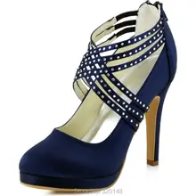 Women High Heel Shoes Cross Strap Zip Rhinestones Platform Satin Bridesmaids Wedding Evening Party Pumps EP11085 Navy Blue Teal