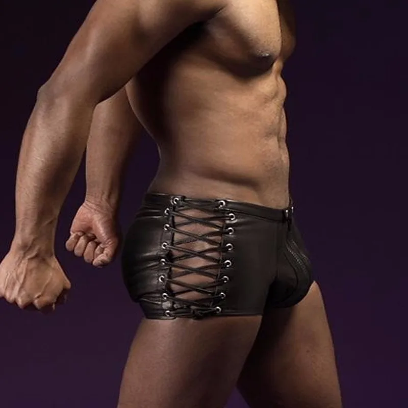 Vinyl Leather Mens Exotic Apparel Boxer Shorts Trunks Black Side Lace Up Lingerie Underwear Gay Fetish Club Wear Boxer Hombre  (3)