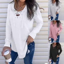 Женская футболка с длинным рукавом и v-образным вырезом, топы весна и осень, большие размеры, свободная Однотонная рубашка с длинным рукавом, Прямая поставка#0313