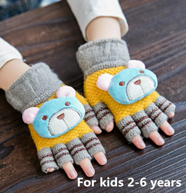 Осенне-зимняя обувь детская одежда с изображением мишки полу-палец Перчатки бор Gilrs Дети милые зимние перчатки без пальцев