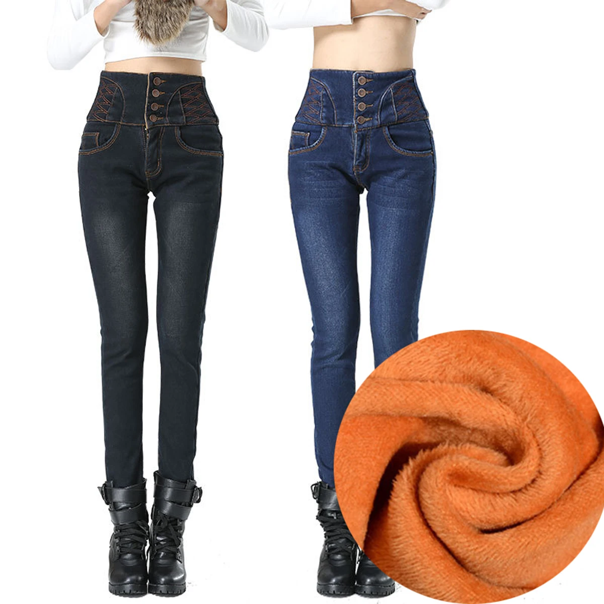 Tengo Winter Women Thickening High Waist Jeans Female Denim Warm Slim Trousers