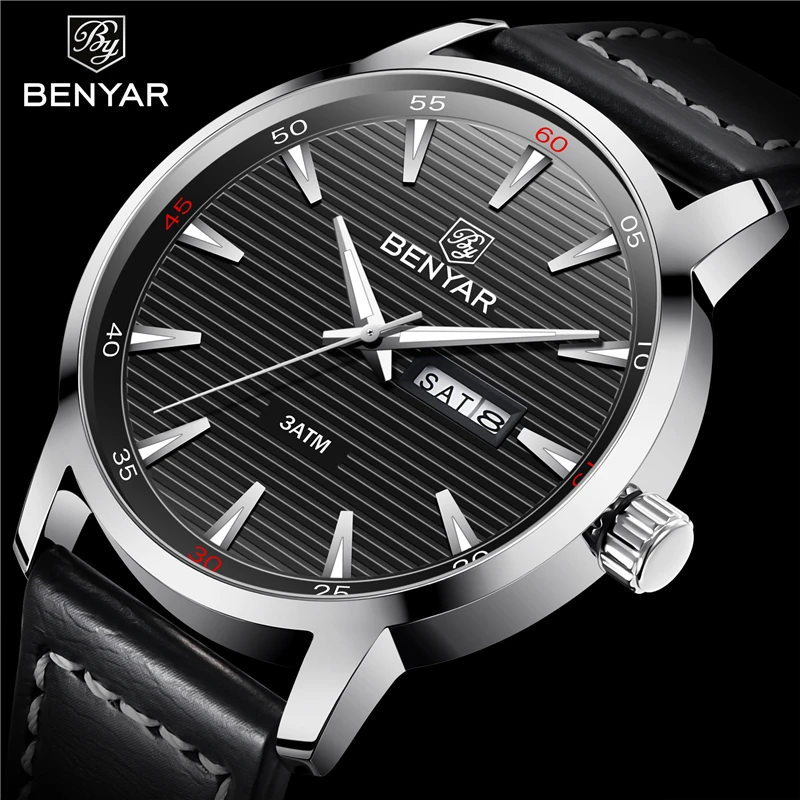 

2019 Original BENYAR Top Luxury Brand Men's Quartz watch casual Fashion real leather waterproof Men Watch horloges mannen reloj