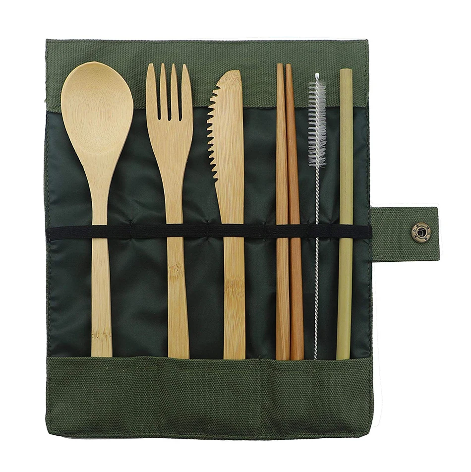

6pcs/Set Kitchen Utensil With Bag Eco-Friendly Travel Reusable Portable Bamboo Cutlery Set Spoon Fork Chopstick 4 Colors