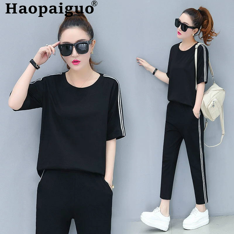 

S-XXXL Plus Size Autumn 2 Piece Set Women Black Print Striped Sport Sweatshirt Pants Tracksuit Streetwear Casual Two Piece Set