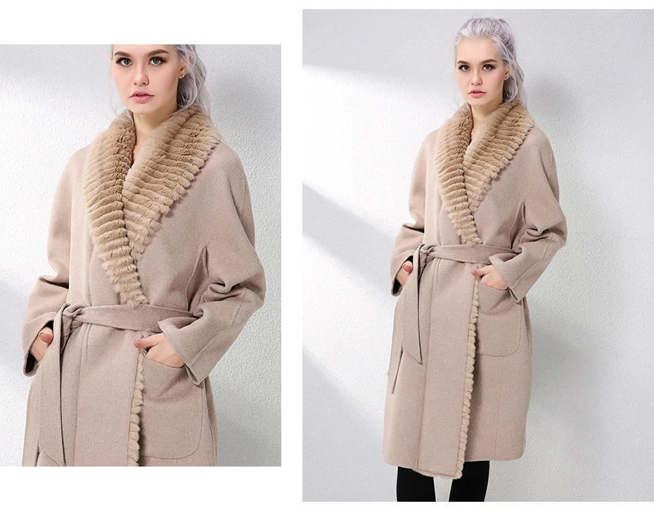 JEPLUDA New Cashmere Coat Women Genuine Rex Rabbit Fur Lapel Collar Wool Coat long Real Fur Coat Genuine Leather Jacket Women