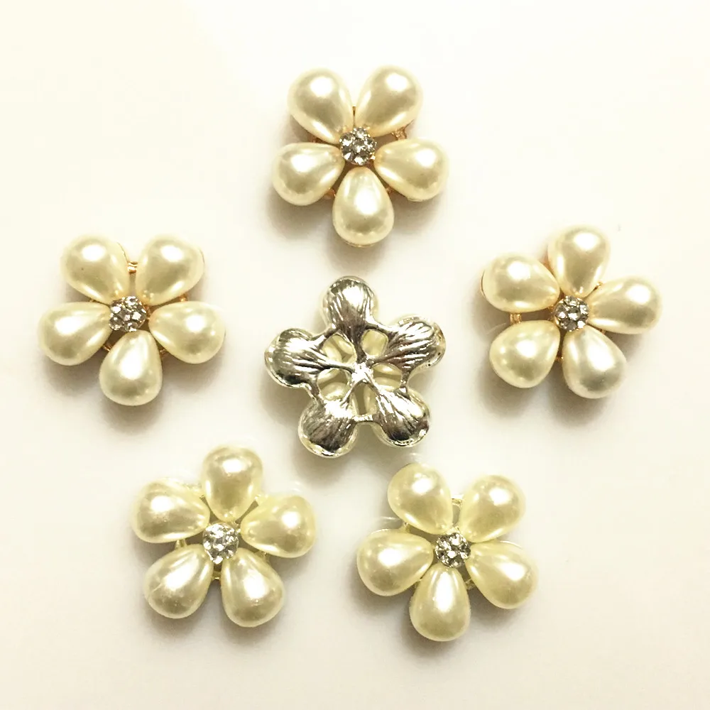 

CJSIR 5Pcs 24mm Flower Alloy Pearl Buttons Bridal Wedding Decoration Alloy Rhinestone Crystal DIY Ribbon Hair Bow Accessories