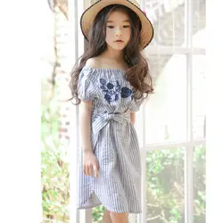 Платье с цветочной вышивкой для девочек, лето 2019, костюм с открытыми плечами для девочек, детская одежда, платье принцессы в полоску для