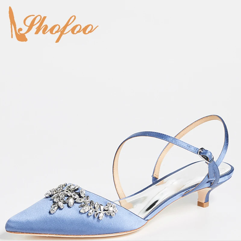 Crystals Blue Wedding Kitten Heels Woman Pumps Buckle Pointed Toe Party