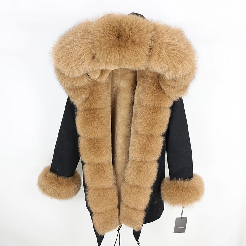 Brand Real Fur Coat Fashion Winter Jacket Women Natural Real Fox Fur Collar Loose Long Parkas Big Fur Outerwear Detachable