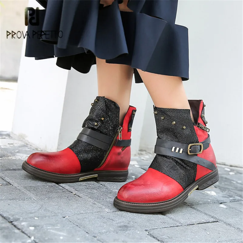 

Prova Perfetto Fashion Red Genuine Leather Ankle Boots for Women Rivets Studded Short Booties Female Rubber Flat Botas Mujer