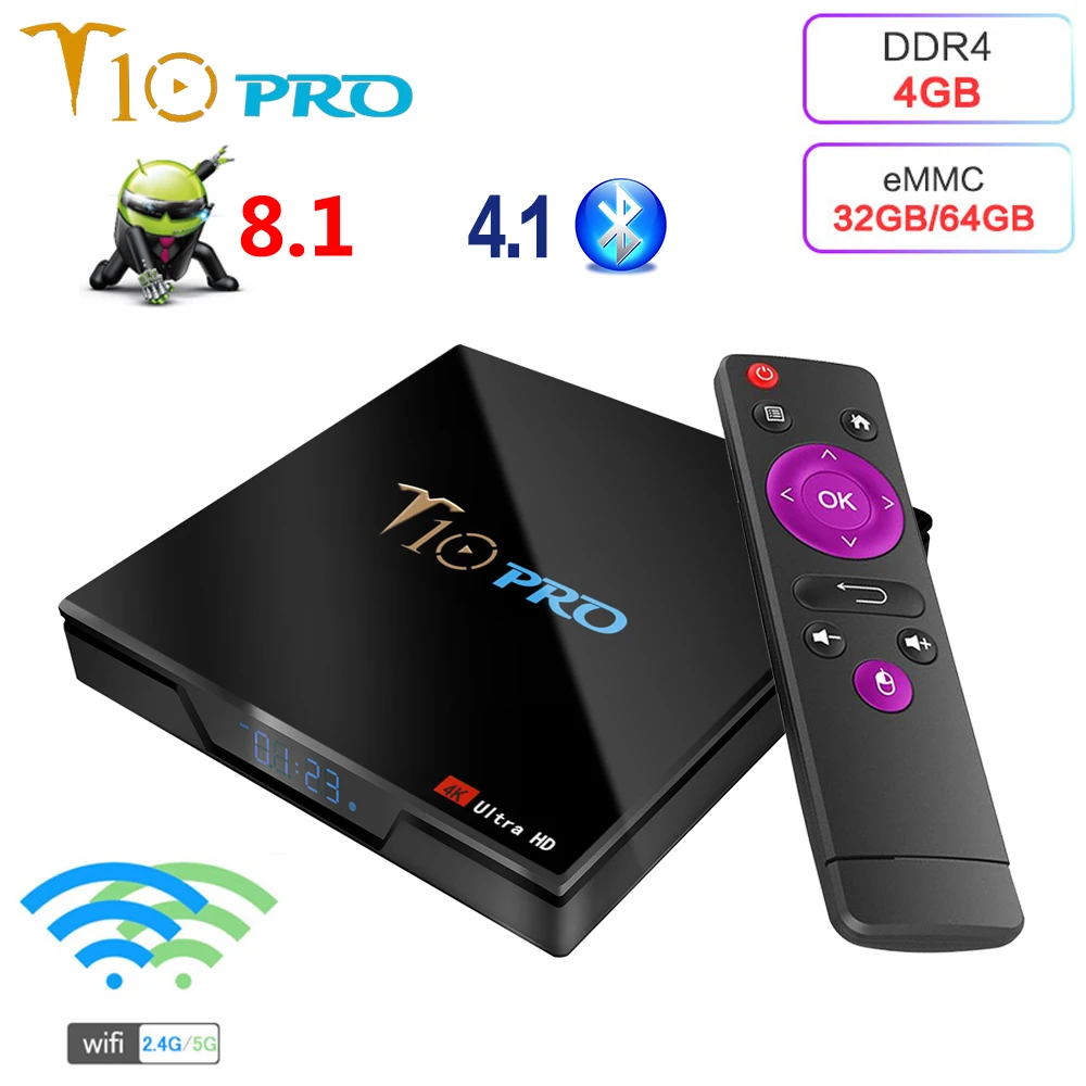 

T10 PRO Smart TV Box Android 8.1 DDR4 4GB RAM 64GB ROM Amlogic S905X2 Quad Core 2.4G 5G WiFi Bluetooth 4.1 4K HD Media Player