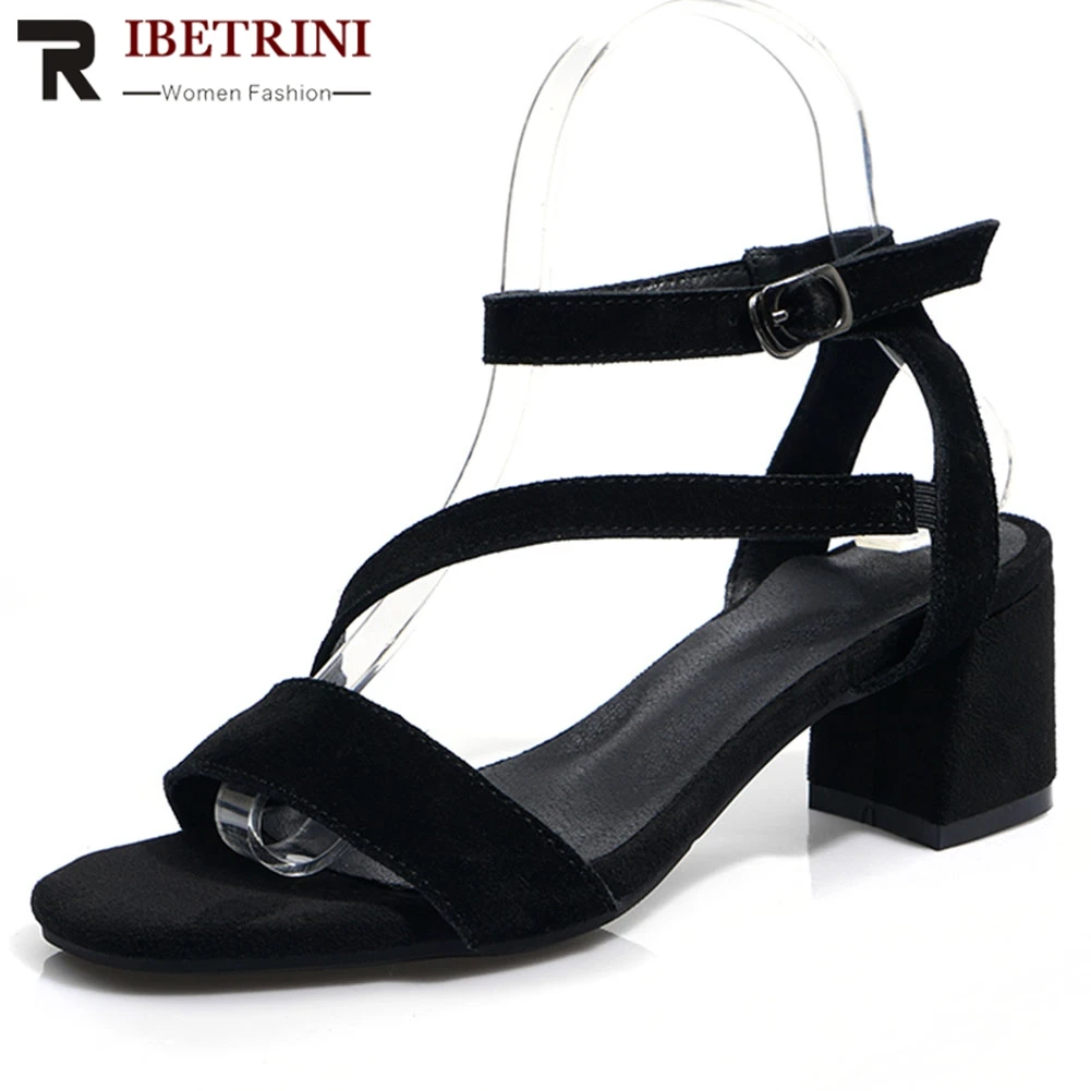 

RIBETRINI 2019 Women Shoes Big Size 33-43 Cow Suede Sweet Elegant Summer Sandals High Heels Party Shoes Woman