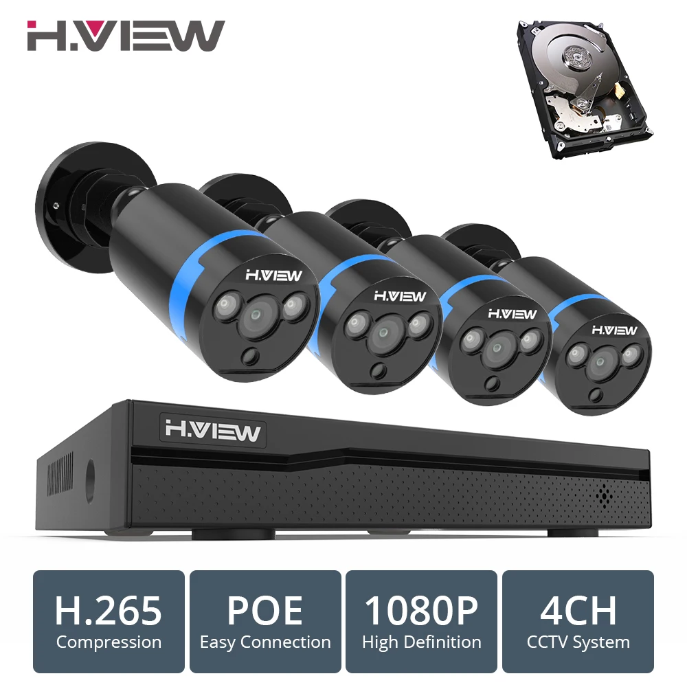  H.VIEW 4ch 1080p CCTV Camera System PoE H.265 CCTV Camera System 2mp Surveillance Kit PoE 48V Surve