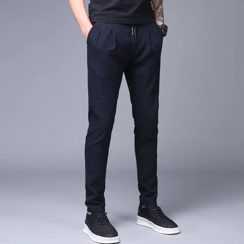 Летние мужские офисные брюки больших размеров, дышащие свободные повседневные брюки-карандаш, льняные брюки - Цвет: Темно-синий