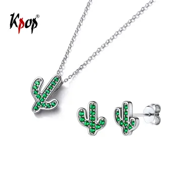 

Kpop 925 Sterling Silver Cactus Earring Studs Pendant Necklace Gifts for Her Green Cubic Zirconia Plant Flora Jewelry Set E6318