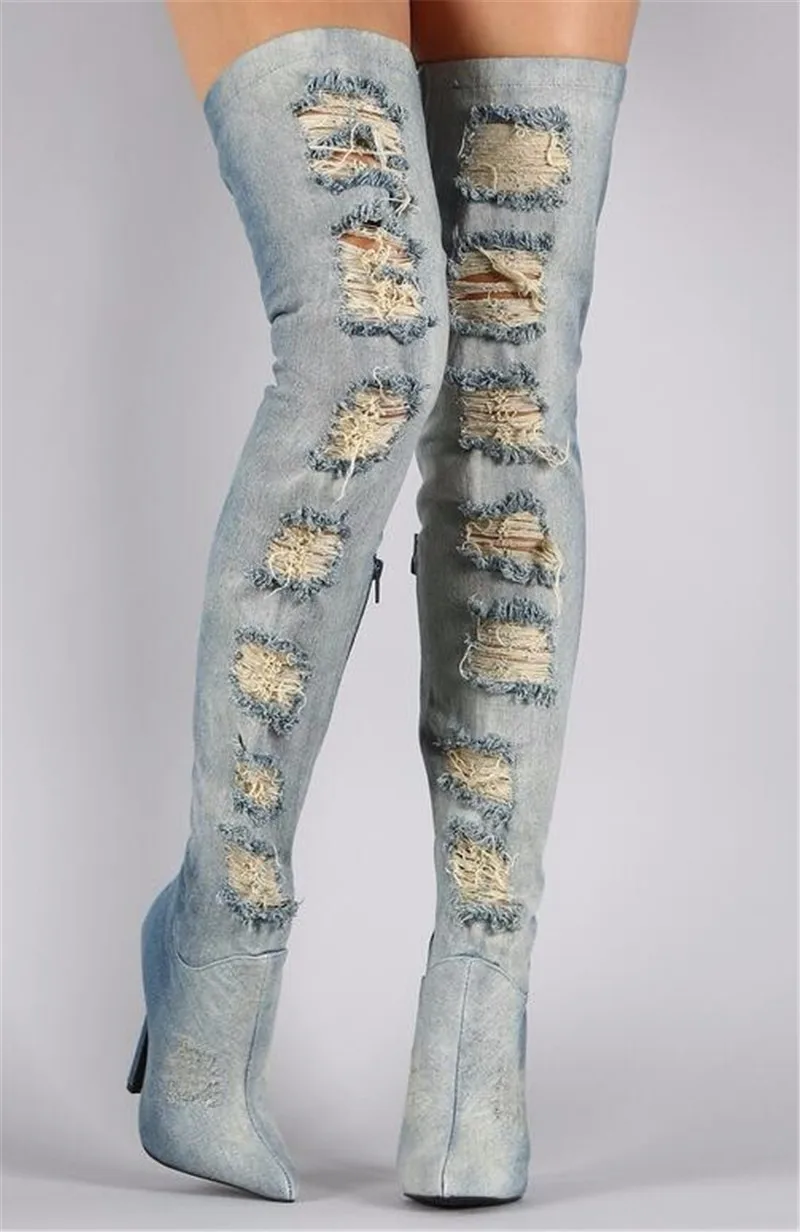 Mujeres 2018 Agujeros Ocasional Nueva Más Material Tacones Finos Manera Única Botas Denim Personalidad La Con rCwqrX1
