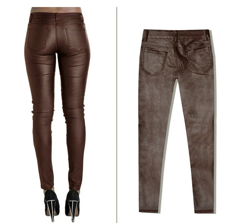 New Fashion Women's Brown Low-waist Elastic Pencil Pants Trousers Sexy Tight PU Coating imitate Leather Pants with Plus Size (9)