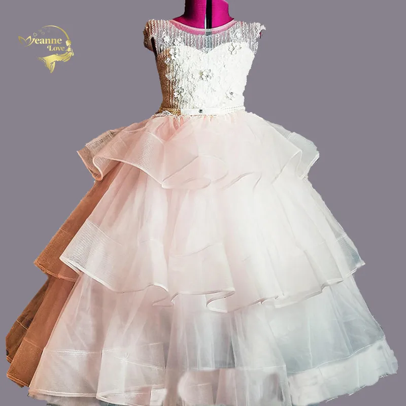 

Cap Sleeves Sheer Girls Evening Party Dress Hollow Out Back Layered Beading Kids Dresses For Children Costume Flower Girls Dress