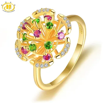 

Hutang Natural Gemstone Yellow Gold Silver Flower Ring Solid 925 Sterling Rhodolite Garnet Fine Fashion Stone Jewelry For Gift