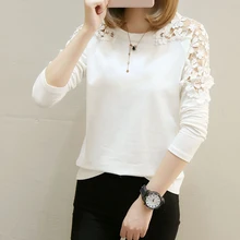 Женская футболка с длинным рукавом, осень, модная белая черная свободная футболка, Женская кружевная Лоскутная футболка, Корейская одежда