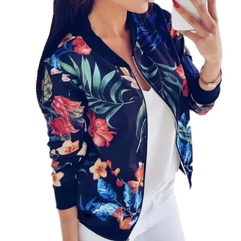 LOSSKY Retro Floral Print Women Coat Casual Zipper Up Bomber Women's Autumn Long Sleeve Outwear Jacket Coats Ladies Clothes