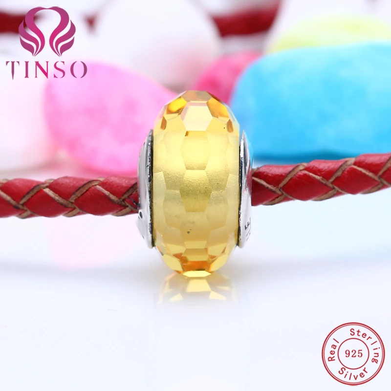 

New 100% 925 Sterling Silver Cut Process Yellow Murano Glass Beads Charms Fit Pandora Bracelet for DIY Jewelry Making Gift