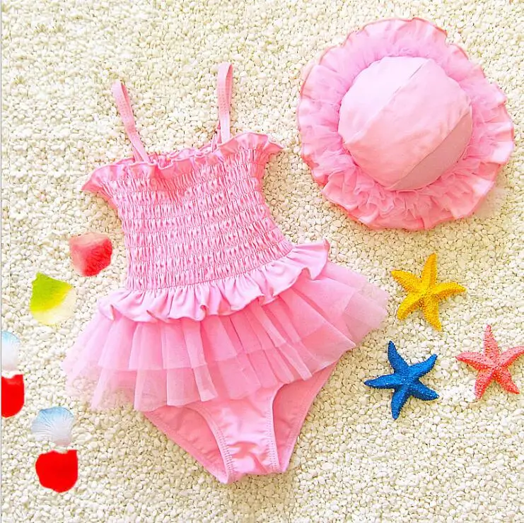 2018 Children Summer Pink Swimsuits With Hat Baby Kids Sweet Sets 5