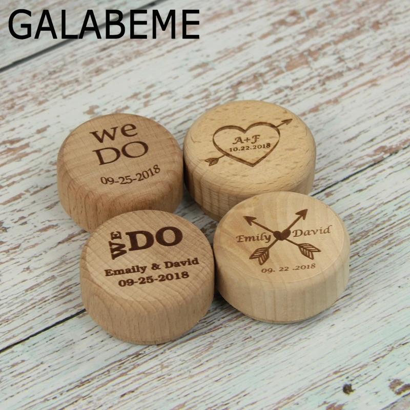 

Custom LOGO Rustic Wedding Ring Bearer Engraved name date Wood Round Ring Box Wedding Ring Box Wooden Personalized Ring Box