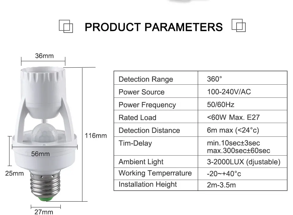 AC100-240V 360 градусов E27 конвертер держатель лампы PIR датчик движения человека ИК инфракрасный E27 Цоколь лампы светодиодные лампы ночной Светильник