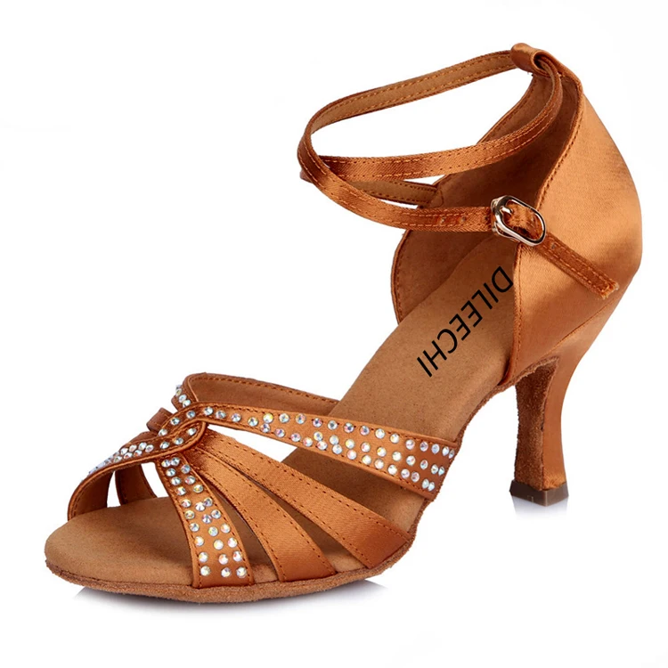 DILEECHI/Женская атласная обувь для латинских танцев; стразы; обувь для танцев; обувь для сальсы; вечерние туфли для танго; Обувь для бальных танцев; женская обувь на каблуке 75 мм
