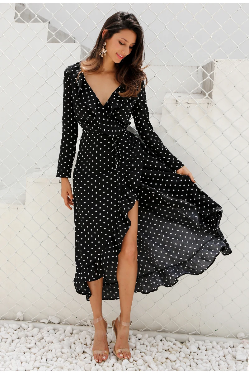 Black Polka Dot Split Long Sleeve Ruffle Wrap Long Dress