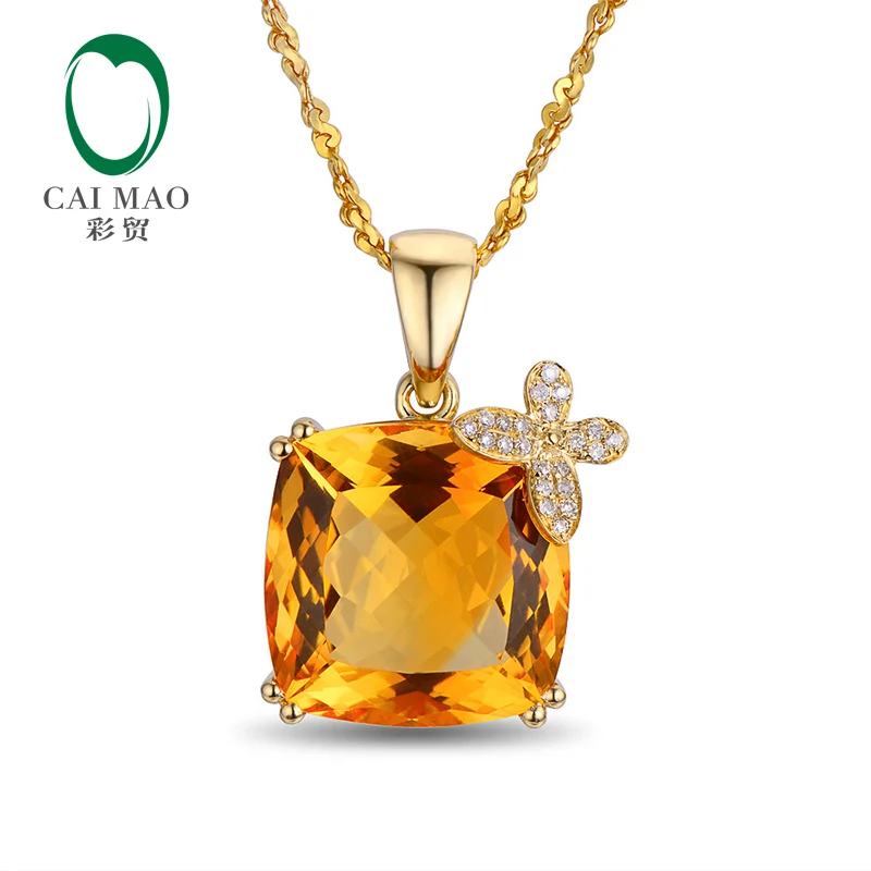 Caimao Jewelry 19.80ct Natural Citrine 14K Yellow Gold Pave Set Diamond Pendant