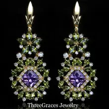 Vintage Ruso Bisutería Chapado En Oro CZ Creado Diamomd ER213 Grande Cuelga Los Pendientes Con Amatista Púrpura Piedra Verde Oliva