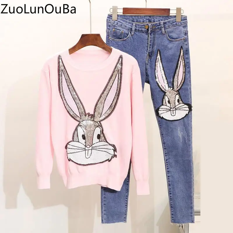 Высокое качество, комплект из 2 предметов, женский осенне-зимний тяжелый вязаный свитер с блестками и рисунком кролика, облегающий джинсовый костюм, женская одежда - Цвет: 6.1012.2