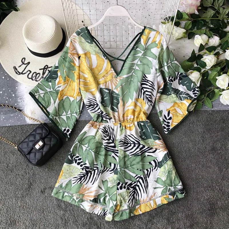 

Boho Short Women Jumpsuit Beach V Neck Backless Korean Sexy Chiffon Tunic Floral Print Plus Size Summer Women Overalls Rompers
