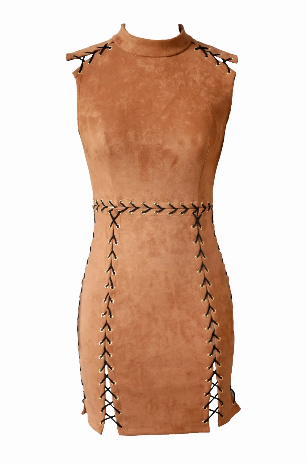 High Quality Brown Women's Sexy Mini Dress Sleeveless Lace Up Bodycon