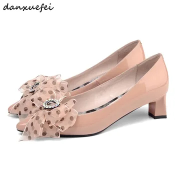 

34-41 Women's genuine patent leather slip-on pumps bowtie elegant ladies high heels dress shoes high quality comfortable shoes