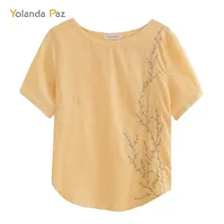 YOLANDA Paz 2019 хорошее качество Для женщин Винтаж хлопка вышитая блузка футболки короткий рукав o-образным вырезом M-XXL желтый Топы