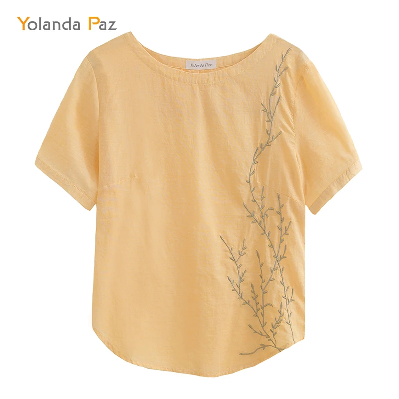 

Yolanda Paz 2017 good qulaity Women Vintage cotton Embroidered Blouse Shirts Short Sleeve o-Neck M-XXL Orange color tops