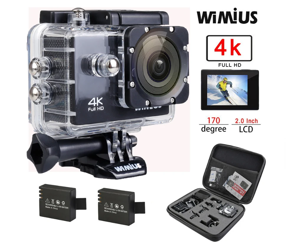 Wimius 4K 1080P 60fps Action Camera Full HD 2.0" LCD Mini Wifi Sports Cam Go Waterproof 40m Pro+Protection Travel Storage DV Bag