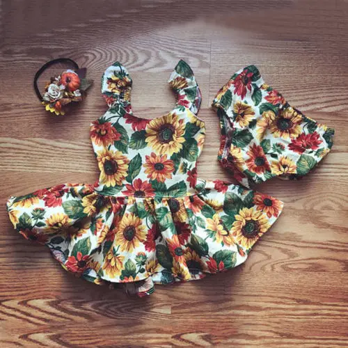 

Newborn Kids Baby Girls Outfits Clothes Sunflower Top Dress Bottoms 2pcs Set Baby Fly Sleeve Print Bow Back Dresses Clothing