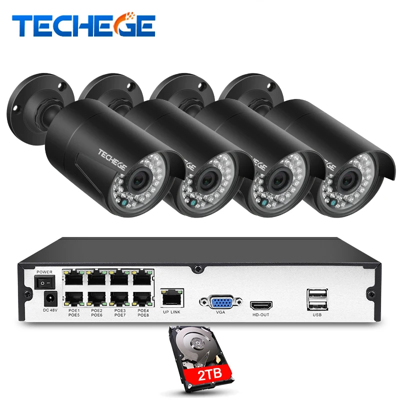 

Techege Plug And Play 8CH NVR 48V POE CCTV System Onvif P2P 1080P HD H.265 Motion Detection Outdoor Security POE IP Camera Xmeye